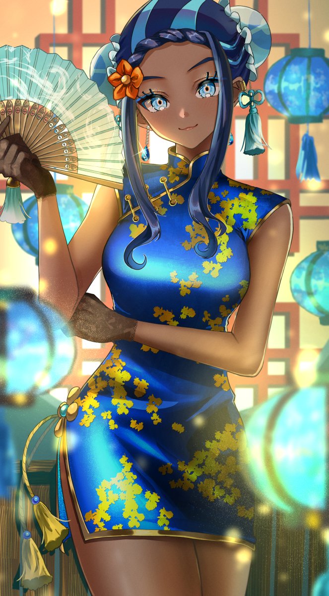 1girl alternate_costume black_hair blue_dress blue_eyes blue_eyeshadow blue_hair blurry breasts bun_cover china_dress chinese_clothes closed_mouth commentary_request cowboy_shot dark-skinned_female dark_skin dress earclip eyelashes eyeshadow flower gloves hair_flower hair_ornament hand_fan hand_up highres holding holding_fan looking_at_viewer makeup multicolored_hair nessa_(pokemon) orange_flower paper_fan pokemon pokemon_(game) pokemon_swsh setta_shu sheer_gloves sidelocks sleeveless sleeveless_dress smile solo two-tone_hair