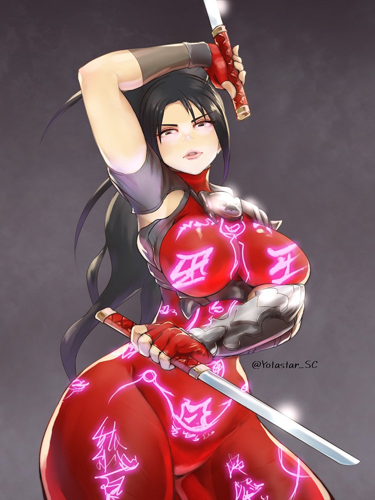 1girl armor black_hair bodysuit breasts brown_eyes brown_hair commentary_request covered_nipples dual_wielding gloves holding holding_sword holding_weapon large_breasts long_hair looking_at_viewer ninja ponytail skin_tight solo soulcalibur soulcalibur_vi sword taki_(soulcalibur) twitter_username weapon yotasuta