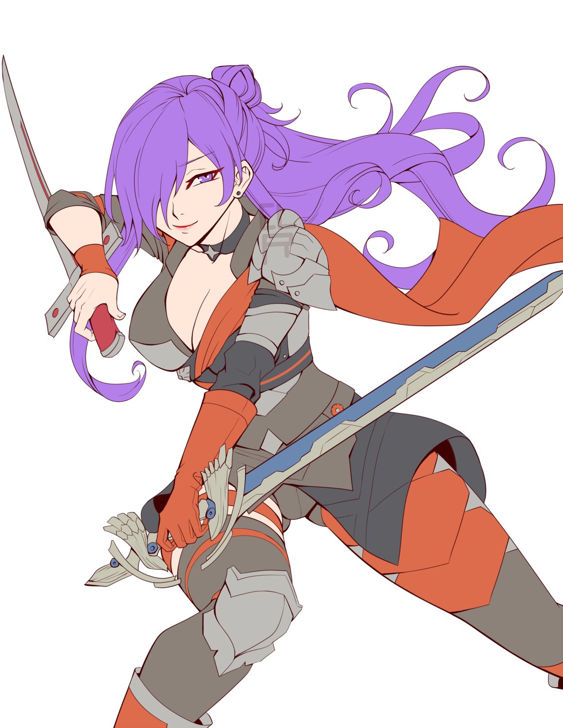 1girl bangs boots breasts choker cleavage cleru_(cleruuuuu) dual_wielding earrings fire_emblem fire_emblem:_three_houses fire_emblem_warriors:_three_hopes hair_bun hair_over_one_eye half-closed_eyes highres holding holding_sword holding_weapon jewelry lips long_hair medium_breasts purple_eyes purple_hair scarf shez_(fire_emblem) shez_(fire_emblem)_(female) smile solo stance stud_earrings sword thighhighs weapon