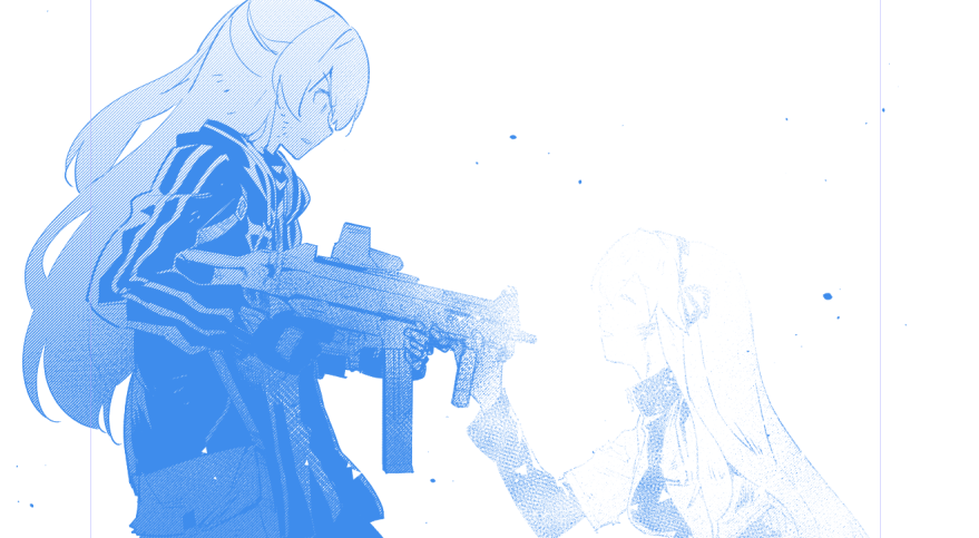 2girls bangs expressionless from_side girls'_frontline gloves gun h&amp;k_ump45 hair_ornament hair_ribbon holding holding_gun holding_weapon jacket long_hair long_sleeves looking_at_another miharu_(cgsky) monochrome multiple_girls parted_lips pointing_gun ribbon simple_background sketch smile standing ump40_(girls'_frontline) ump45_(girls'_frontline) upper_body weapon white_background