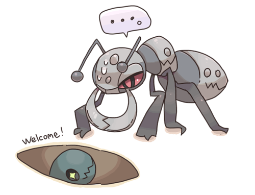 +_+ ... alternate_color animal_focus ant black_sclera bug closed_mouth colored_sclera commentary_request durant english_text eye_contact full_body half-closed_eyes hole looking_at_another looking_down looking_up lowres nervous no_humans pokemon pokemon_(creature) red_eyes red_sclera shiny_pokemon shira_(sirairo116) simple_background speech_bubble spoken_ellipsis standing sweat talking trapinch wavy_mouth white_background yellow_eyes