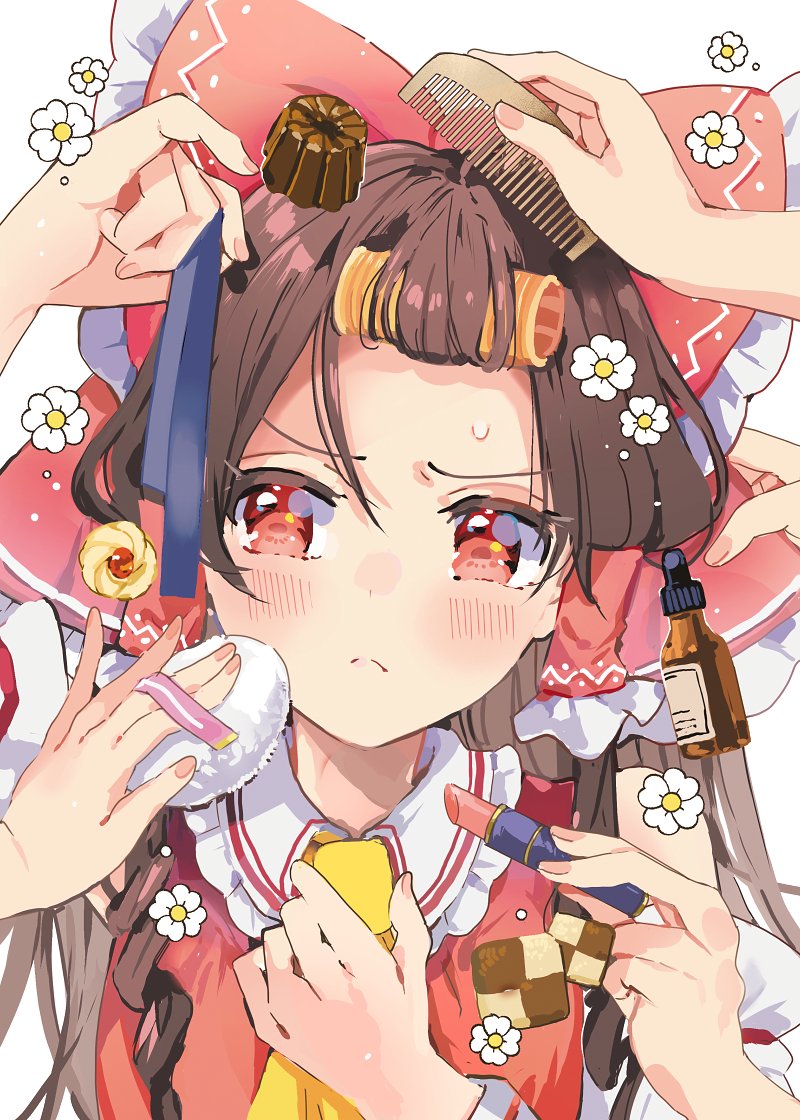 1girl ascot azuma_aya blush bottle bow brown_hair candy checkerboard_cookie closed_mouth comb commentary cookie cosmetics curlers detached_sleeves flower food frilled_shirt_collar frills frown groom hair_bow hakurei_reimu holding holding_lipstick_tube holding_ribbon lipstick_tube long_hair out_of_frame powder_puff red_bow red_eyes red_vest ribbon solo sweatdrop symbol-only_commentary touhou upper_body vest white_flower white_sleeves yellow_ascot