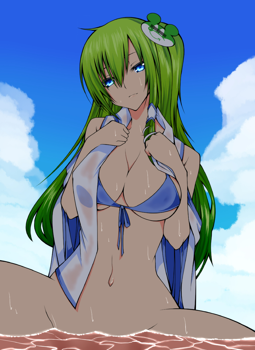bad_id bad_pixiv_id bikini_top blue_eyes bottomless breasts censored cleavage cloud daive day front-tie_top green_hair hair_ornament highres identity_censor kochiya_sanae large_breasts long_hair navel open_clothes open_shirt pointless_censoring shirt solo submerged touhou water