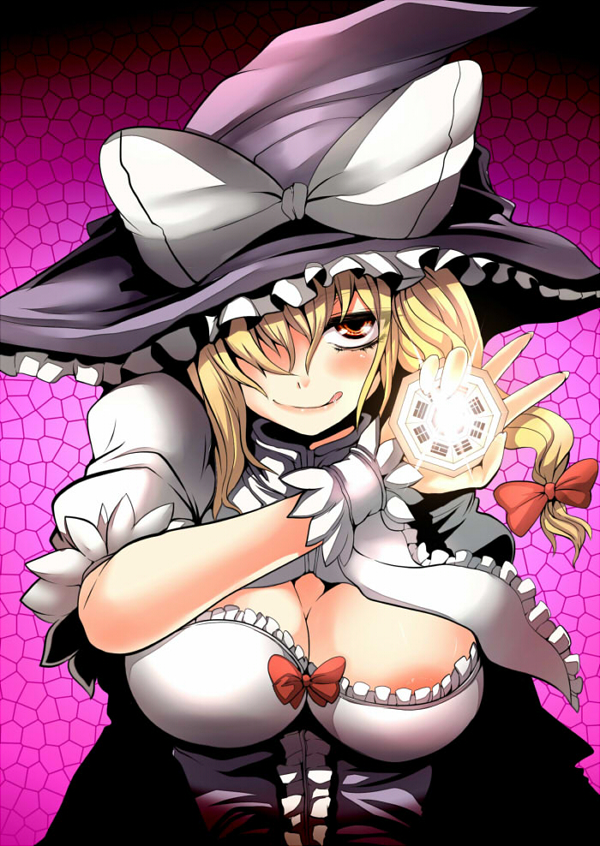 78rr :q areolae ba_gua blonde_hair blush bow breasts cleavage curiosities_of_lotus_asia hair_bow hair_over_one_eye hair_ribbon hat hat_ribbon kirisame_marisa large_breasts mini-hakkero orange_eyes ribbon solo tongue tongue_out touhou trigram witch_hat wrist_cuffs