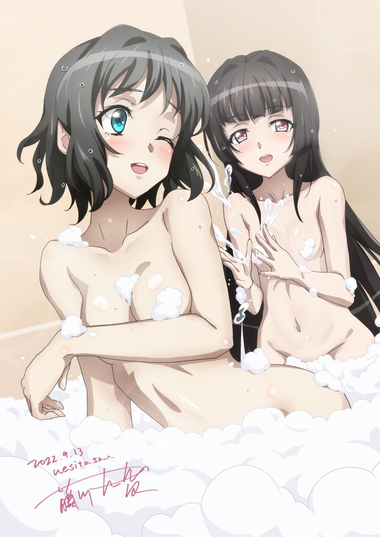 2girls bath black_hair blue_eyes blush breasts convenient_censoring dated fujikawa_daichi kohinata_miku long_hair medium_breasts multiple_girls navel nude one_eye_closed open_mouth red_eyes senki_zesshou_symphogear shiny shiny_hair short_hair signature small_breasts smile splashing tsukuyomi_shirabe upper_body