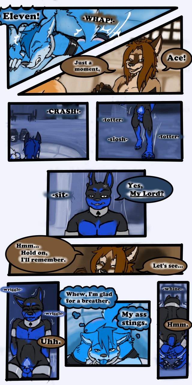 &spades; 1:2 2020 9:18 all_fours animal_genitalia anthro biped canid cobalt_(tatsuchan18) collar comic detailed_background dialogue english_text eyes_closed fur genitals group hair hi_res male mammal onomatopoeia open_mouth sheath sitting sound_effects spade_(tatsuchan18) speech_bubble standing suit_symbol tatsuchan18 text trio