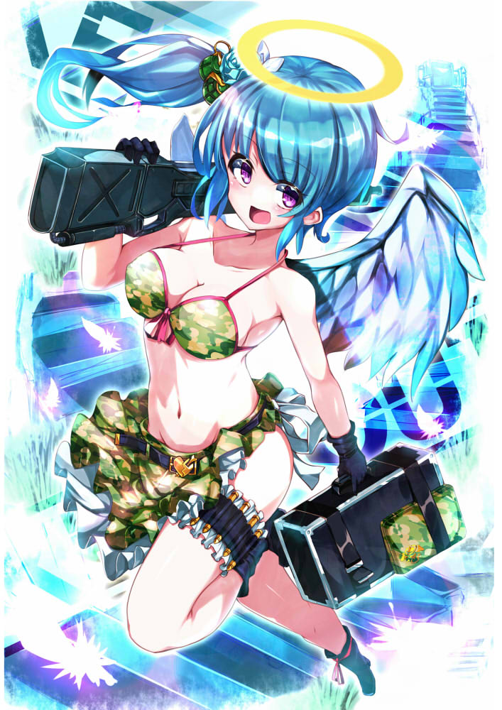 1girl :d arrow_through_heart bare_shoulders bikini bikini_top_only black_footwear black_gloves blue_flower blue_hair boots breasts briefcase broken_heart bullet camouflage camouflage_bikini camouflage_skirt cleavage collarbone feathered_wings feathers flower frills full_body gloves groin hair_flower hair_ornament halo heart holding leg_up long_hair medium_breasts navel omochishiki original over_shoulder purple_eyes side_ponytail skirt smile solo swimsuit thigh_strap white_wings wings