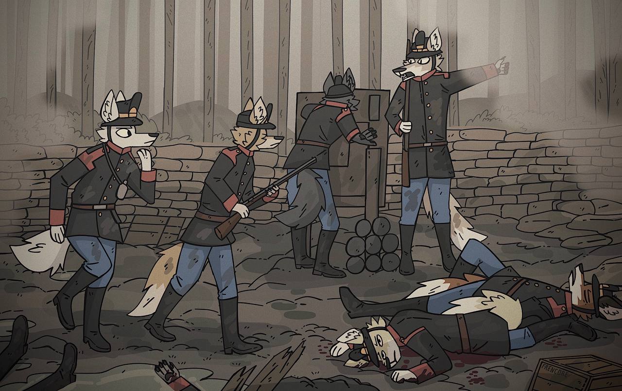 anthro artillery artillerymen austro-hungarian_army canid canine canis clothing dead_eyes death eddy_fox_crossfox forest fox frenetic_wolf group gun june_1918 k.u.k._armee male mammal observing plant ranged_weapon red_fox rifle second_battle_of_piave_river shell_(projectile) shield shots slovak slovak_part_of_hungarian_part_of_austro-hungarian_army tree uniform wall_(structure) warfare weapon wolf world_war_1 wounded