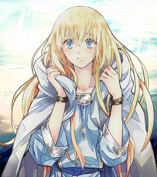 1girl blonde_hair blue_eyes castlevania castlevania_iii:_dracula's_curse cloak closed_mouth cloud collarbone cross grel_(r6hgvu5) jewelry light_rays long_hair looking_at_viewer robe smile solo sypha_belnades very_long_hair