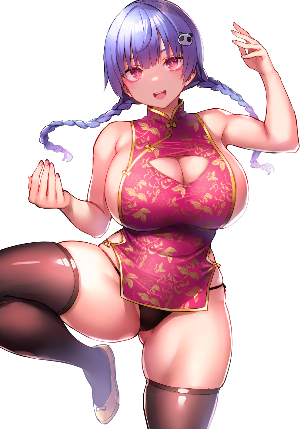 1girl black_panties black_thighhighs braid breast_cutout breasts china_dress chinese_clothes dress highres large_breasts leg_up looking_at_viewer original panties purple_hair red_eyes shoes sideboob standing standing_on_one_leg thick_thighs thighhighs thighs tight tight_dress tsukumiya_amane twin_braids underwear