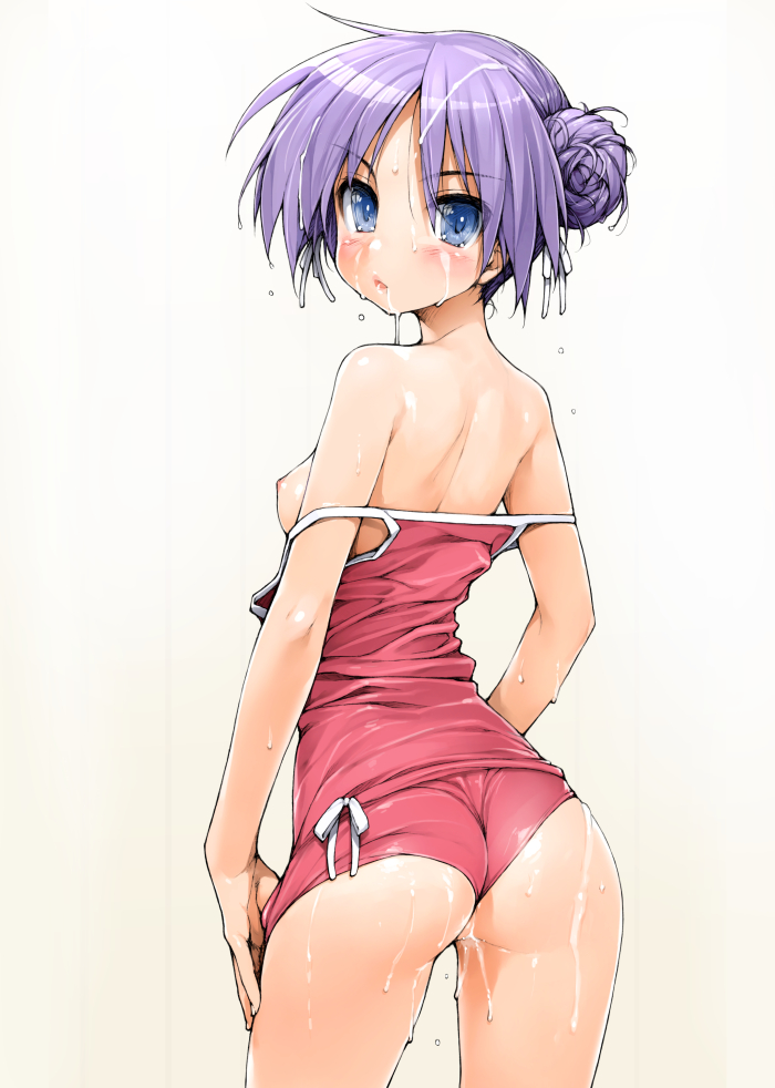 1girl alternate_hairstyle ass back bare_shoulders blue_eyes blush bow breasts clothes_pull cum cum_on_ass double_bun facial hair_bow hair_bun hiiragi_kagami ishikei looking_back lucky_star nipples one-piece_swimsuit purple_hair revision simple_background small_breasts solo swimsuit swimsuit_pull thighs tsundere tsurime undressing wet