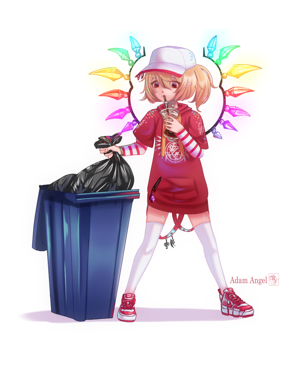 1girl adam_angel alternate_costume artist_name bag casual cup drinking drinking_straw english_commentary flandre flat_cap full_body glowing glowing_wings hat highres holding holding_bag holding_cup layered_sleeves long_sleeves multicolored_wings nike print_sweater red_eyes red_footwear red_sweater short_over_long_sleeves short_sleeves simple_background solo standing sweater thighhighs touhou trash_bag trash_can white_background white_headwear white_thighhighs wings