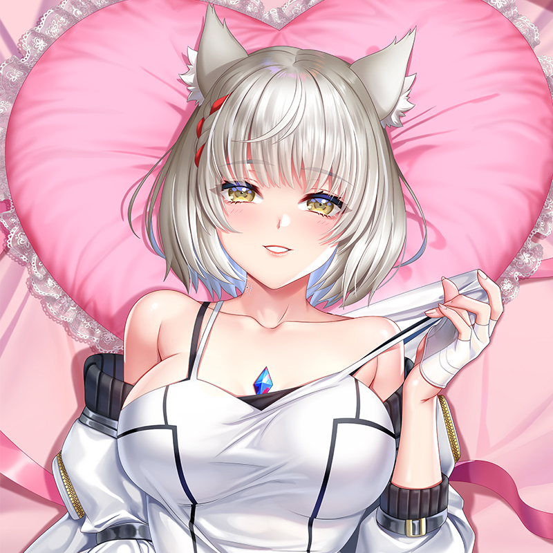 1girl :d animal_ear_fluff animal_ears bare_shoulders bed_sheet braid breasts camisole cat_ears chest_jewel cirnos collarbone dakimakura_(medium) fingerless_gloves from_above gloves grey_hair head_on_pillow heart heart_pillow jacket large_breasts long_sleeves looking_at_viewer lying mio_(xenoblade) off_shoulder on_back on_bed open_clothes open_jacket parted_lips pillow pulled_by_self short_hair smile solo strap_pull upper_body white_camisole white_gloves white_jacket xenoblade_chronicles_(series) xenoblade_chronicles_3 yellow_eyes