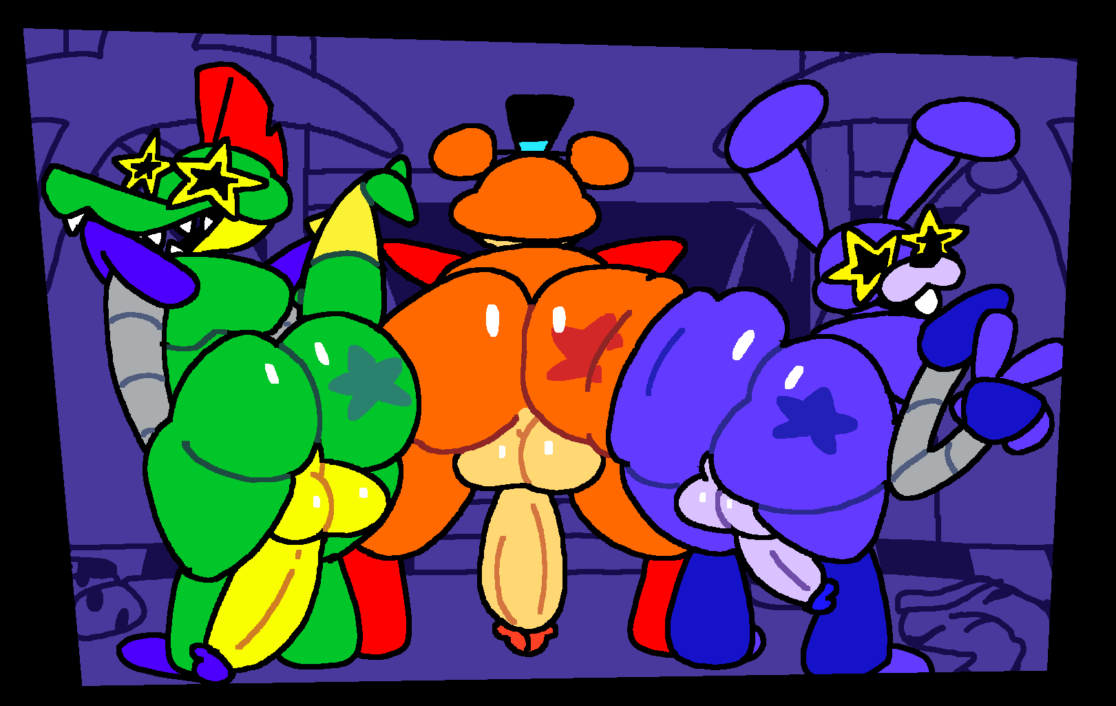 alligator alligatorid animatronic anthro ass_to_ass balls big_balls big_butt big_penis blue_body brown_body butt clothing crocodilian eyewear five_nights_at_freddy's five_nights_at_freddy's:_security_breach genitals gesture glamrock_bonnie_(fnaf) glamrock_freddy_(fnaf) green_body group hair hat headgear headwear hi_res huge_butt lagomorph leporid looking_at_viewer looking_back machine male mammal mohawk montgomery_gator_(fnaf) open_mouth penis rabbit red_hair reptile robot scalie scottgames shoulder_pads sunglasses superiorfox top_hat trio ursid v_sign video_games