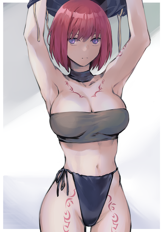 1girl armpits arms_up breasts choker closed_mouth crop_top grel_(r6hgvu5) looking_at_viewer navel nel_zelpher panties purple_eyes red_hair short_hair side-tie_panties simple_background solo star_ocean star_ocean_till_the_end_of_time tattoo underwear undressing white_background