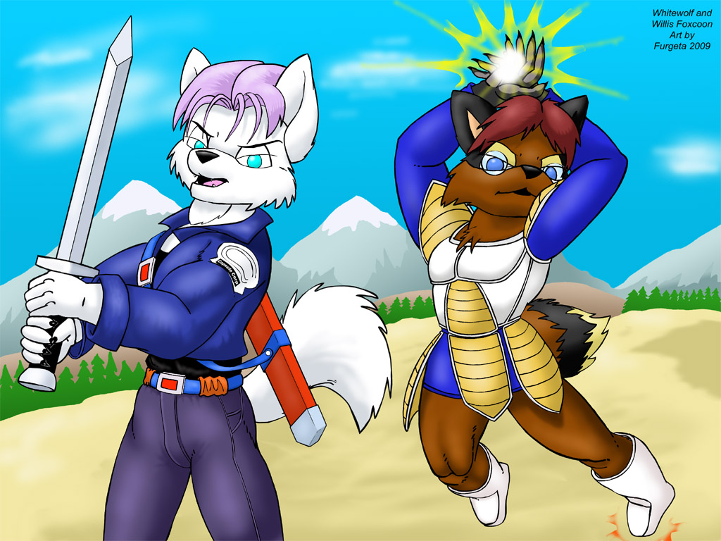 2009 anthro armor black_nose blue-eyes brown_body brown_fur canid canine canis clothed clothing duo fox fur furgeta glowing gohan hair hybrid male mammal melee_weapon mountain open_mouth outside pink_hair procyonid raccoon red_hair sword sword_sheath trunks_(dragon_ball) weapon white_body white_fur whitewolf wolf
