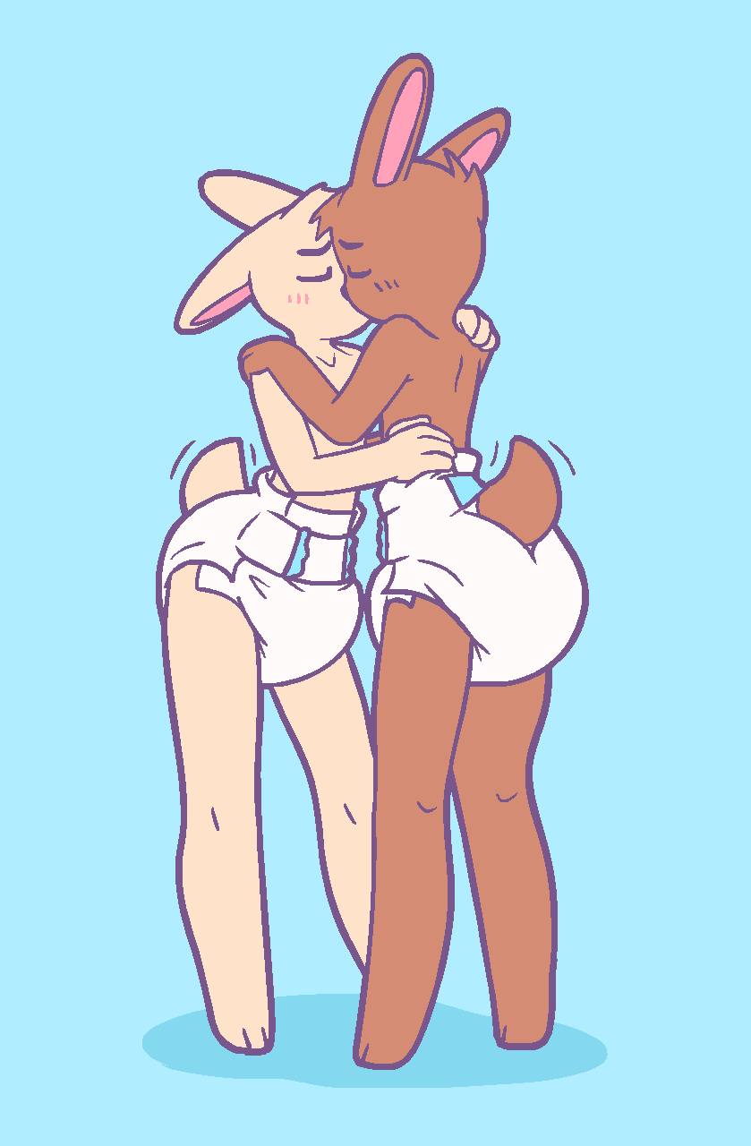 anthro baggashame blush blush_lines diaper diaper_only duo eyes_closed hand_on_hip hand_on_shoulder hi_res kissing lagomorph leporid male male/male mammal motion_lines rabbit simple_background standing tail_motion tailwag white_diaper