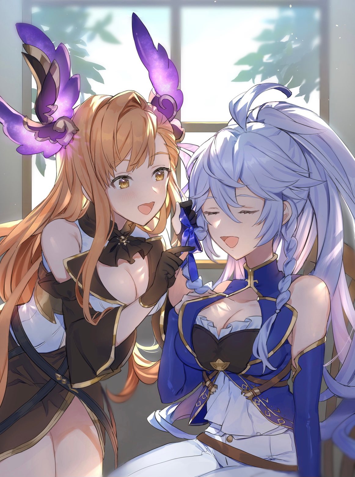 2girls ahoge alternate_costume bangs bare_shoulders black_gloves blue_hair bow braid breasts brown_hair cleavage cleavage_cutout closed_eyes clothing_cutout detached_sleeves dressing_another gloves granblue_fantasy hair_bow hair_ornament highres indoors leaning_forward long_hair looking_at_another medium_breasts multiple_girls open_mouth pants ponytail shiromimin shirt sidelocks silva_(granblue_fantasy) sitting sleeveless sleeveless_shirt smile standing tweyen_(granblue_fantasy) white_pants window yellow_eyes