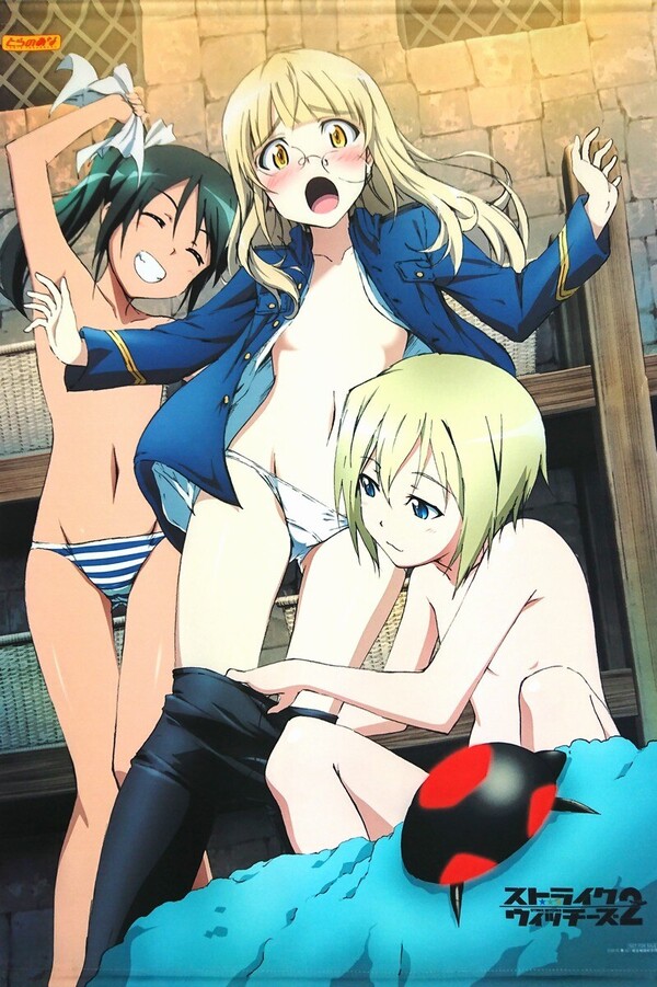 3girls basket blonde_hair bug closed_eyes clothes_pull convenient_censoring erica_hartmann francesca_lucchini glasses green_eyes green_hair multiple_girls nude official_art open_clothes open_mouth panties pantyhose pantyhose_pull perrine_h._clostermann shelf strike_witches striped striped_panties tapestry towel underwear underwear_only water white_panties world_witches_series yellow_eyes