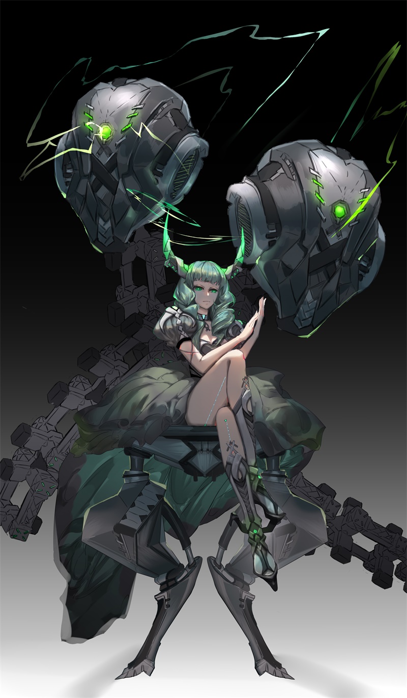 1girl black_rock_shooter dead_master drill_hair full_body gradient gradient_background green_eyes green_hair highres horns jian_ying_(butjoy) knee_up looking_at_viewer mechanical_legs puffy_short_sleeves puffy_sleeves robot short_sleeves simple_background sitting weapon