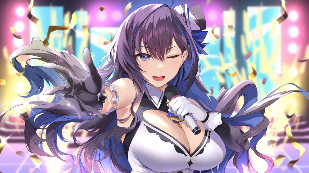 1girl ahoge anniversary black_gloves black_sleeves blue_eyes blue_hair breasts cleavage cleavage_cutout clothing_cutout commentary confetti detached_sleeves gloves heart_cutout holding holding_microphone idol idol_clothes kson large_breasts long_hair looking_at_viewer microphone mole mole_under_eye multicolored_hair official_art one_eye_closed open_mouth outstretched_hand piercing purple_hair single_sleeve souchou stage streaked_hair tongue tongue_piercing virtual_youtuber vshojo white_gloves yaman