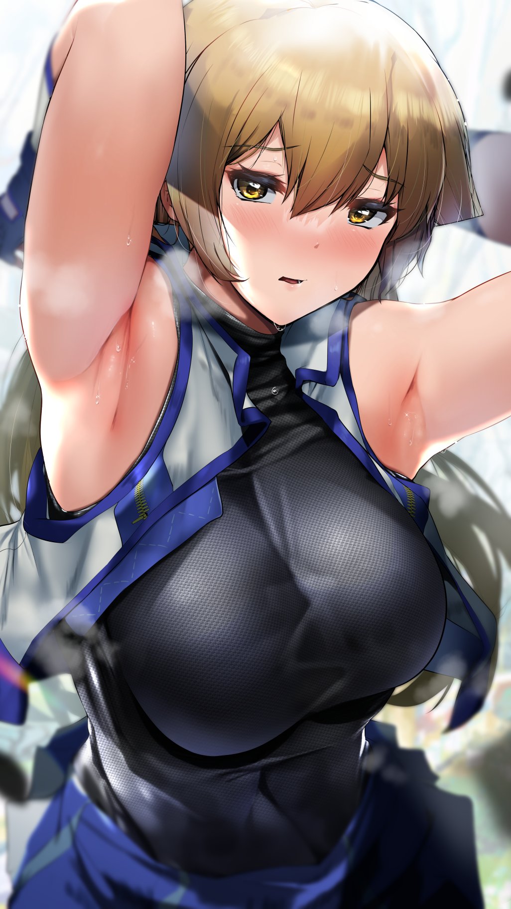 1girl armpit_crease armpits arms_behind_head arms_up black_shirt blonde_hair breasts duel_academy_uniform_(yu-gi-oh!_arc-v) fine_fabric_emphasis highres jacket large_breasts nonohachi open_clothes open_jacket shirt sleeveless sleeveless_jacket sleeveless_shirt tenjouin_asuka upper_body vest white_jacket yu-gi-oh! yu-gi-oh!_arc-v