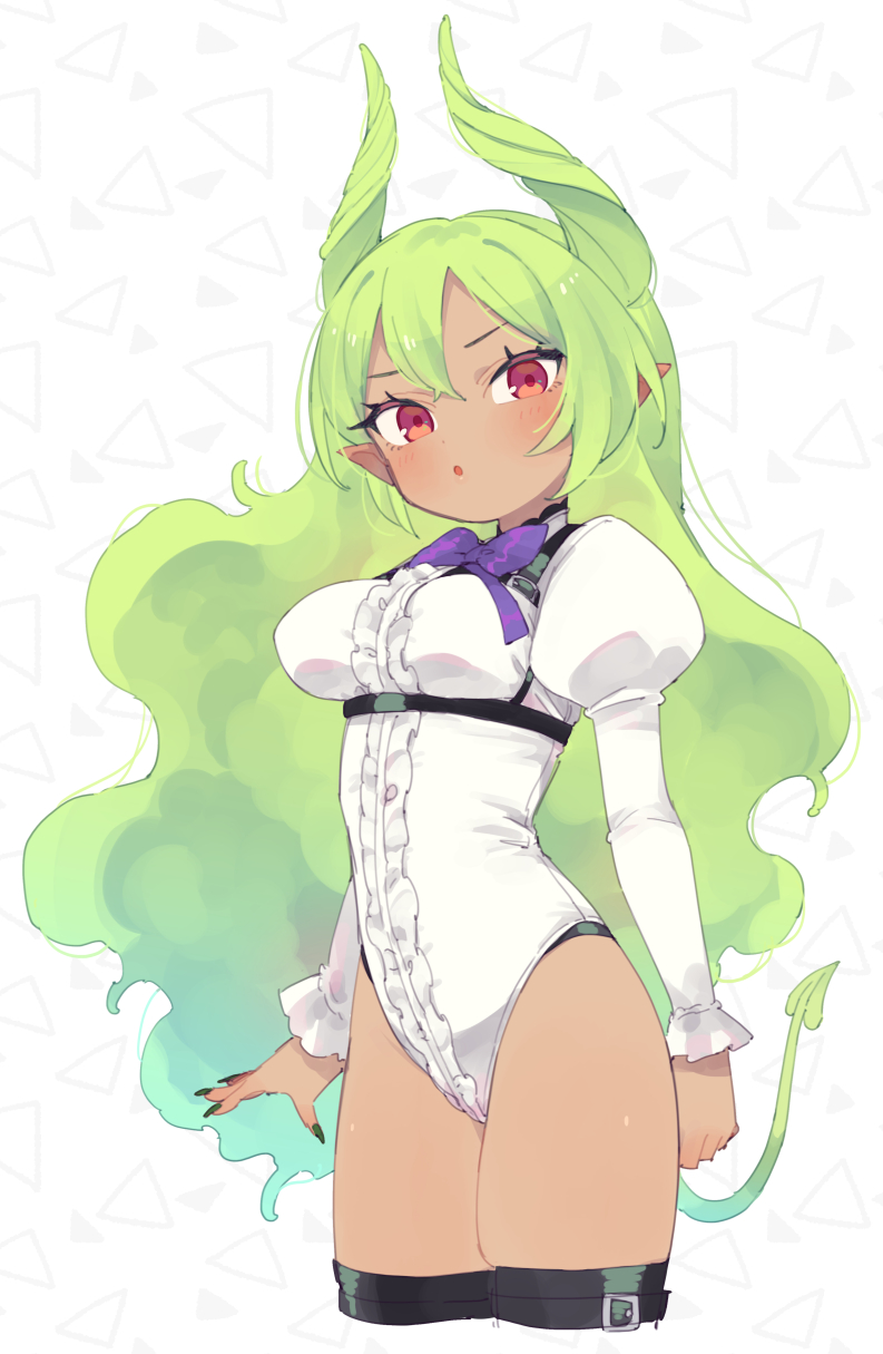 1girl :o bangs black_nails blush bow bowtie breasts commentary cropped_legs dark-skinned_female dark_skin frilled_leotard frills gradient_hair green_hair hair_between_eyes hair_horns highres juliet_sleeves leotard long_hair long_sleeves looking_at_viewer medium_breasts moyori multicolored_hair nail_polish original parted_lips pointy_ears puffy_sleeves purple_bow purple_bowtie red_eyes simple_background solo symbol-only_commentary tail very_long_hair white_leotard