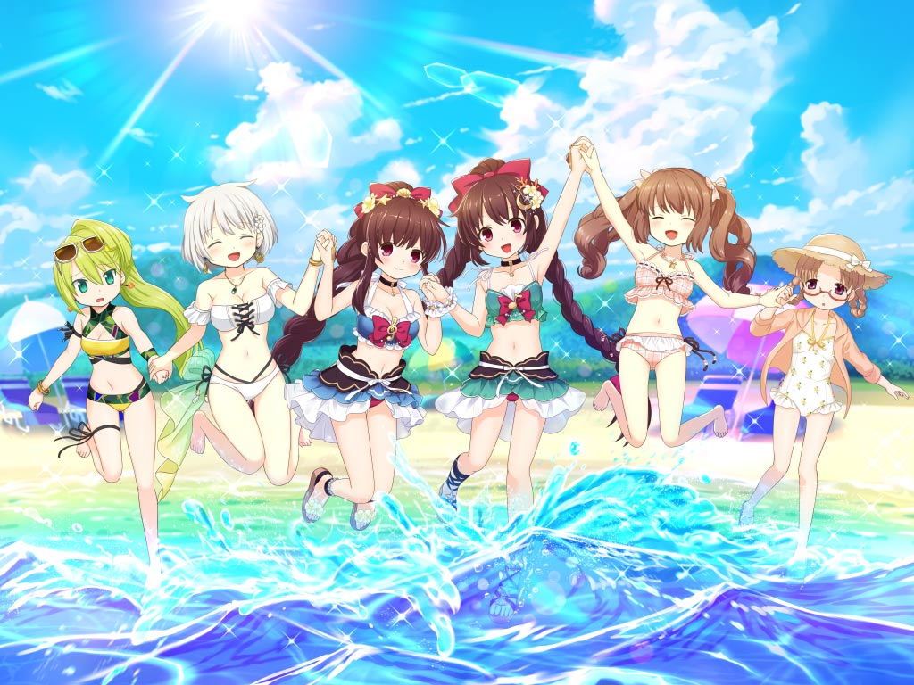 alina_gray alina_gray_(swimsuit_costume) amane_tsukasa amane_tsukasa_(swimsuit_ver.) amane_tsukuyo amane_tsukuyo_(swimsuit_ver.) azusa_mifuyu azusa_mifuyu_(swimsuit_costume) bangs bare_shoulders beach bikini blush bow braid breasts brown_eyes brown_hair curly_hair earrings eyewear_on_head feet flower frilled_bikini frills green_hair hair_between_eyes hair_bow hair_flower hair_ornament hair_ribbon hand_up hiiragi_nemu holding_hands jewelry jumping large_breasts long_hair magia_record:_mahou_shoujo_madoka_magica_gaiden magical_girl mahou_shoujo_madoka_magica multiple_girls navel necklace ocean official_alternate_costume official_art open_mouth plaid plaid_bikini ponytail red_bow ribbon satomi_touka satomi_touka_(swimsuit_costume) short_hair siblings sidelocks sisters smile soles sunglasses swimsuit twin_braids very_long_hair white_flower white_hair yellow_bikini