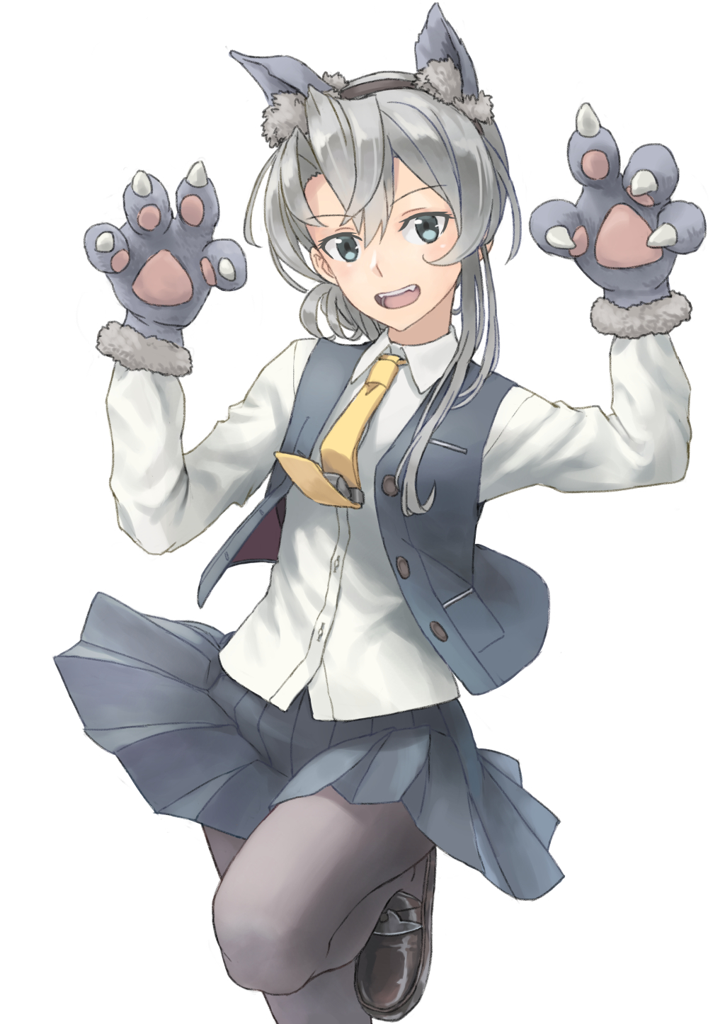 1girl adapted_costume alternate_sleeve_length animal_ears animal_hands asymmetrical_hair bangs black_skirt black_vest commentary_request cowboy_shot flipped_hair gloves grey_eyes grey_hair highres kantai_collection long_sleeves necktie nowaki_(kancolle) official_alternate_costume paw_gloves pleated_skirt school_uniform simple_background skirt solo standing standing_on_one_leg swept_bangs tail taruya vest white_background wolf_ears wolf_tail yellow_necktie