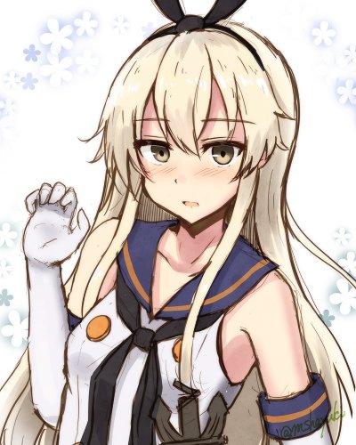 1girl anchor_hair_ornament black_hairband black_neckerchief blonde_hair blue_sailor_collar buttons crop_top elbow_gloves gloves grey_eyes hair_ornament hairband kantai_collection long_hair looking_at_viewer lowres mashayuki neckerchief one-hour_drawing_challenge sailor_collar shimakaze_(kancolle) solo upper_body white_background white_gloves