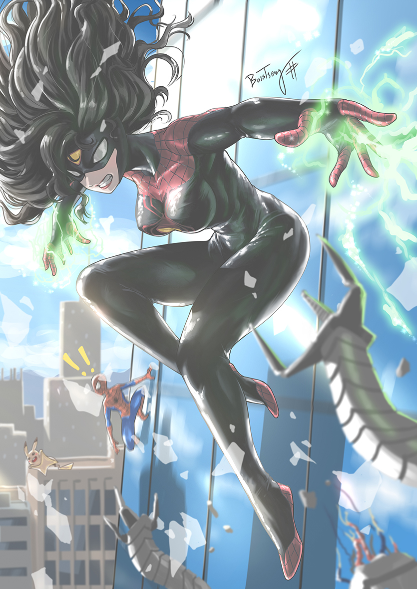 ! !! 1boy 1girl black_hair bodysuit bosstseng breasts building clenched_teeth crossover doctor_octopus falling impossible_bodysuit impossible_clothes jessica_drew large_breasts marvel mask pikachu pokemon pokemon_(creature) skyscraper spider-man spider-man_(series) spider-woman superhero teeth