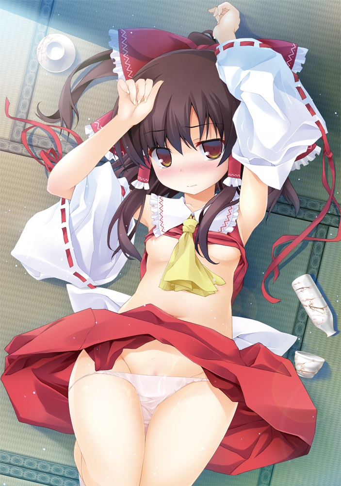 areola_slip areolae arms_up blush bottle bow bowl breasts brown_eyes brown_hair cup detached_sleeves groin hair_bow hair_tubes hakurei_reimu light lying medium_breasts midriff on_back panties ponytail ribbon solo tatami tororo touhou underwear