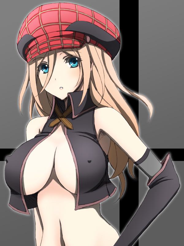 alisa_ilinichina_amiella blonde_hair blue_eyes breasts cleavage covered_nipples elbow_gloves gloves god_eater god_eater_burst hat large_breasts long_hair no_bra open_clothes open_shirt shirt solo wakame