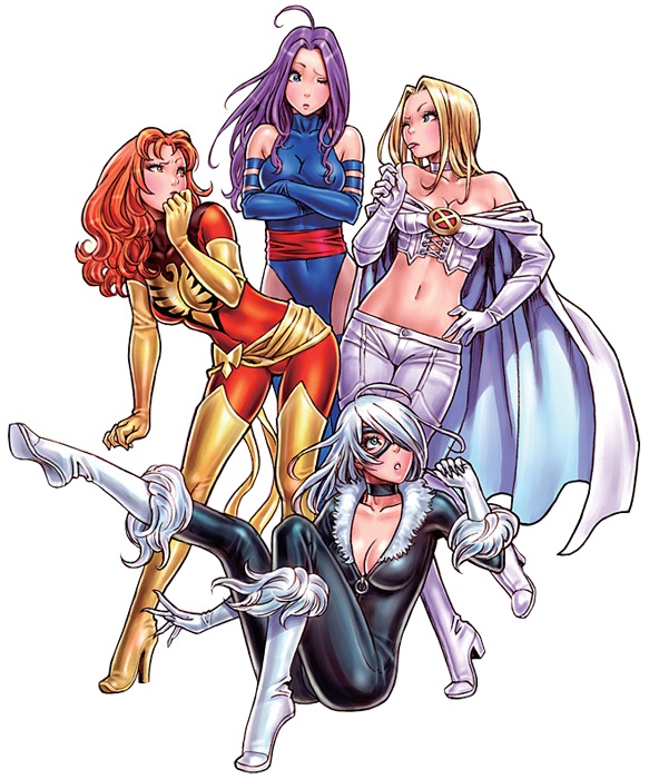 :o ;p ahoge bare_shoulders bent_over bird black_cat_(marvel) blonde_hair blue_eyes blue_gloves blue_legwear blue_leotard blush bodysuit boots breasts cape choker claws cleavage corset covered_navel covering_mouth crop_top cross-laced_clothes crossed_arms crossover dark_phoenix elbow_gloves elizabeth_braddock emma_frost eye_contact felicia_hardy fur_trim gloves hair_over_one_eye hand_on_hip hand_over_own_mouth high_heels jean_grey knee_boots leg_lift leg_up leotard long_hair looking_at_another marvel mask medium_breasts midriff multiple_girls navel ninja off_shoulder one_eye_closed open_mouth orange_eyes orange_hair pants parted_lips phoenix psylocke purple_hair sash simple_background sitting skin_tight spider-man_(series) standing standing_on_one_leg superhero thigh_boots thighhighs tongue tongue_out turtleneck white_footwear white_gloves white_hair white_legwear x-men yamashita_shun'ya yellow_footwear yellow_gloves yellow_legwear zipper