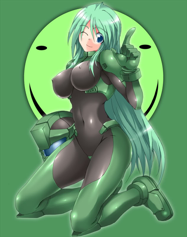 armored_core armored_core:_for_answer black_bodysuit blue_eyes bodysuit breasts covered_nipples gloves green_bodysuit green_hair helmet kneeling large_breasts long_hair may_greenfield md5_mismatch ment navel one_eye_closed skin_tight smile solo