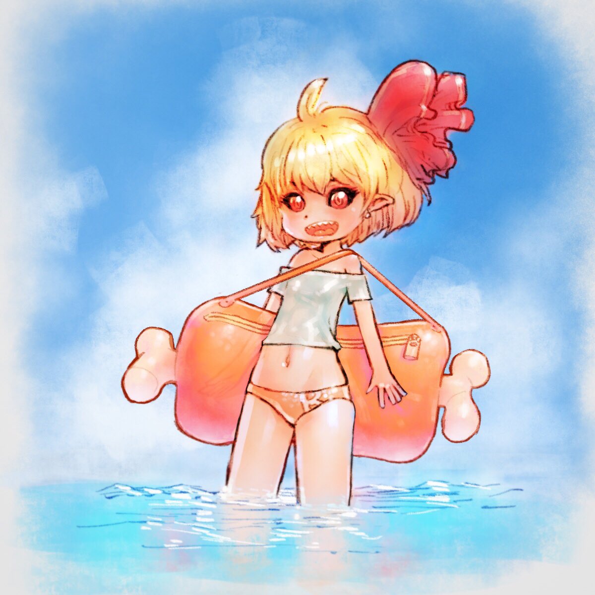 ahoge bag bare_shoulders bikini_bottom blonde_hair blue_sky boned_meat earrings food hair_ribbon highres jewelry looking_at_viewer meat navel off-shoulder_shirt open_mouth orange_bikini_bottom pointy_ears red_eyes red_ribbon ribbon rumia sharp_teeth shirt short_hair short_sleeves sky smile solo t-shirt teeth touhou wading water white_shirt yst