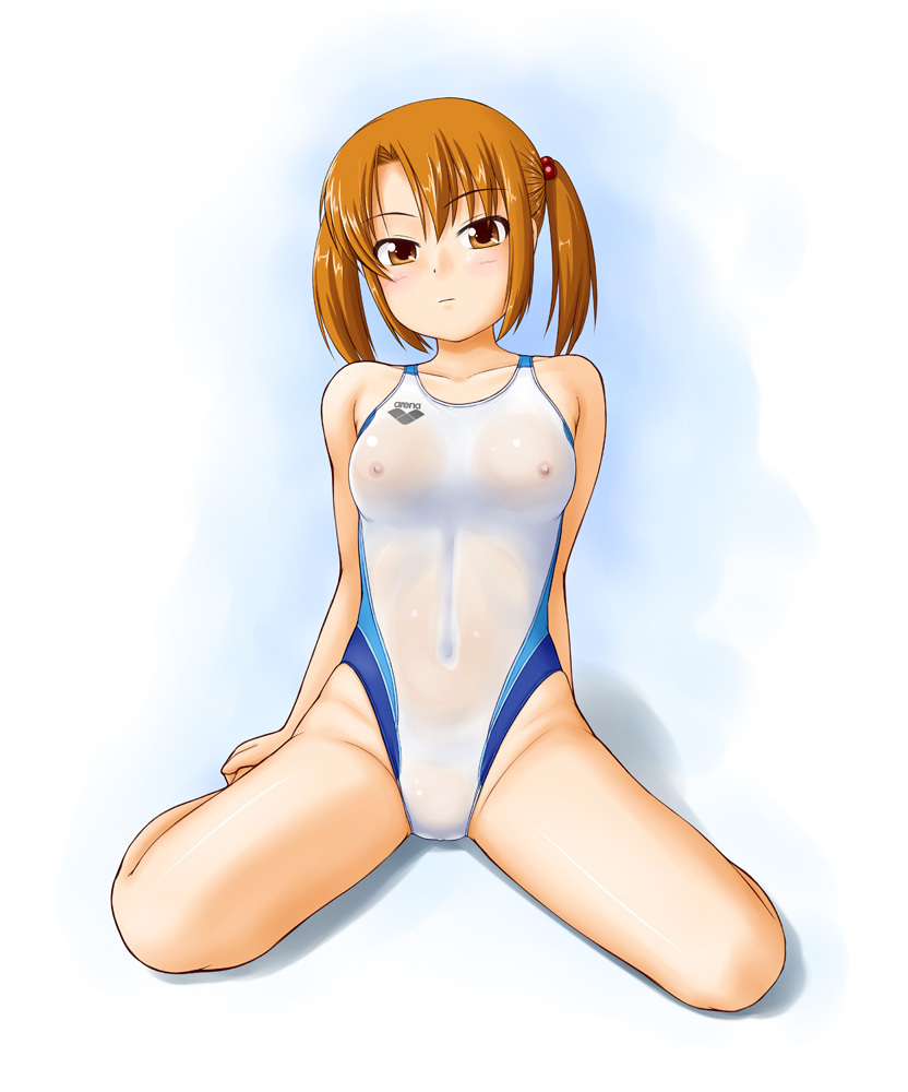 arena_(company) breasts brown_hair competition_swimsuit hair_bobbles hair_ornament kneeling medium_breasts navel nipples one-piece_swimsuit original see-through short_hair solo swimsuit tk4 twintails