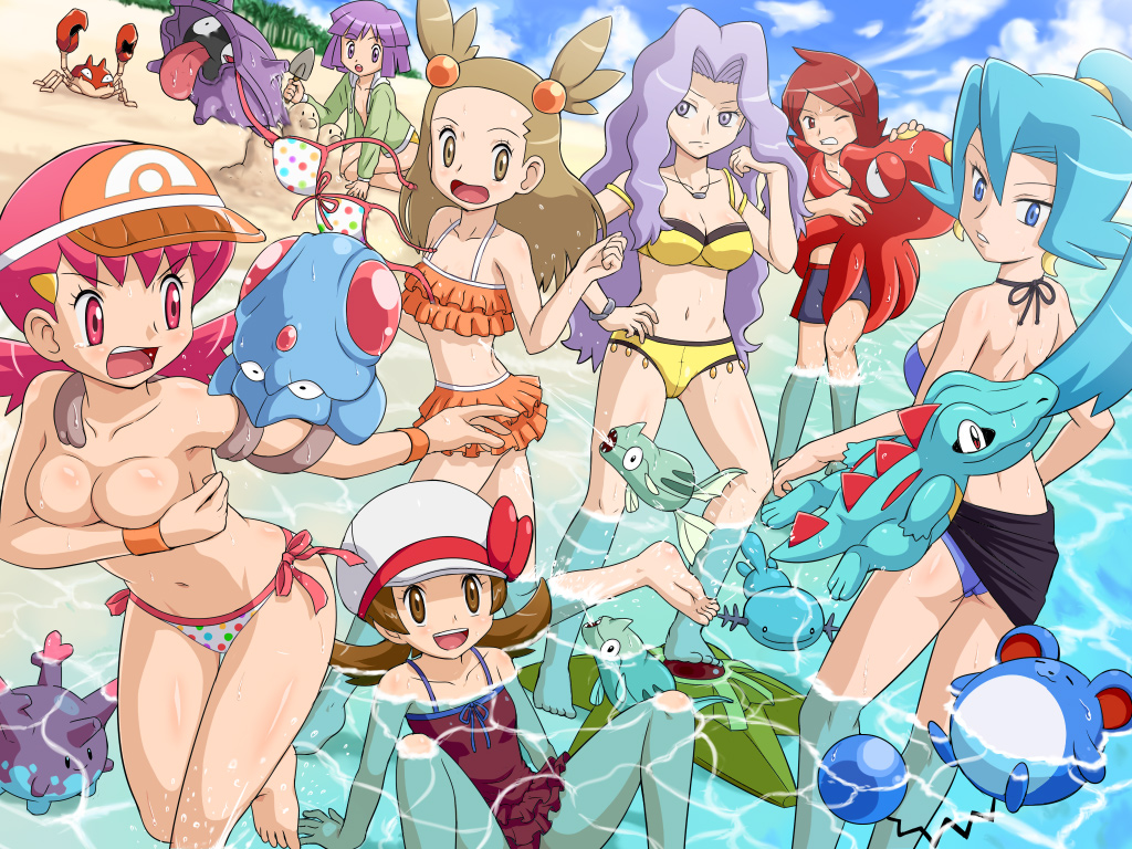 5girls akane_(pokemon) androgynous beach bikini black_sarong blue_hair breast_hold breast_press breasts cabbie_hat casual_one-piece_swimsuit clothes_theft corsola covering day dugtrio frilled_bikini frills gen_1_pokemon gen_2_pokemon halter_top halterneck hat ibuki_(pokemon) karin_(pokemon) kotone_(pokemon) krabby long_hair marill medium_breasts mikan_(pokemon) multiple_boys multiple_girls navel octillery one-piece_swimsuit pink_hair pokemoa pokemon pokemon_(creature) pokemon_(game) pokemon_hgss remoraid sand_sculpture sarong shellder side-tie_bikini silver_(pokemon) spread_legs staryu swimsuit swimsuit_theft tentacool theft topless totodile tsukushi_(pokemon) two_side_up visor_cap wet wooper