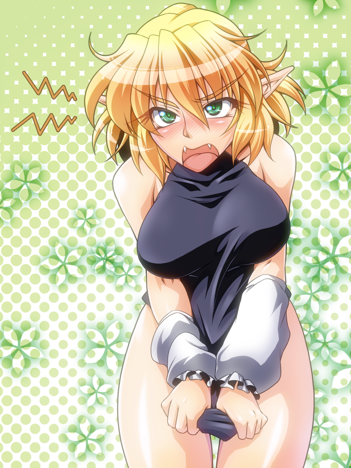 arm_warmers bad_id bad_pixiv_id blonde_hair blush bottomless breasts covering covering_crotch embarrassed fangs green_eyes large_breasts mizuhashi_parsee ootsuki_wataru pointy_ears shirt shirt_tug short_hair solo taut_clothes taut_shirt thigh_gap touhou