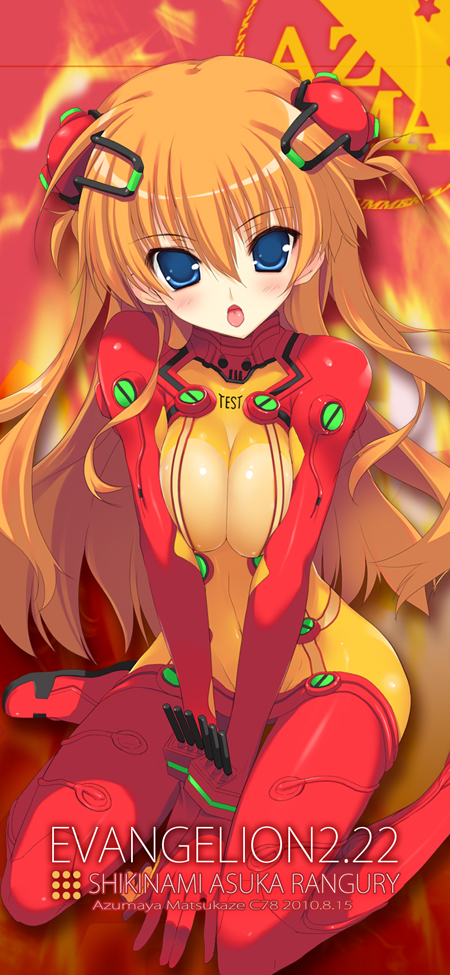 bodysuit breast_squeeze breasts cleavage evangelion:_2.0_you_can_(not)_advance large_breasts long_hair multicolored multicolored_bodysuit multicolored_clothes neon_genesis_evangelion orange_bodysuit plugsuit rebuild_of_evangelion red_bodysuit shikinami_asuka_langley solo souryuu_asuka_langley test_plugsuit yoshiwo
