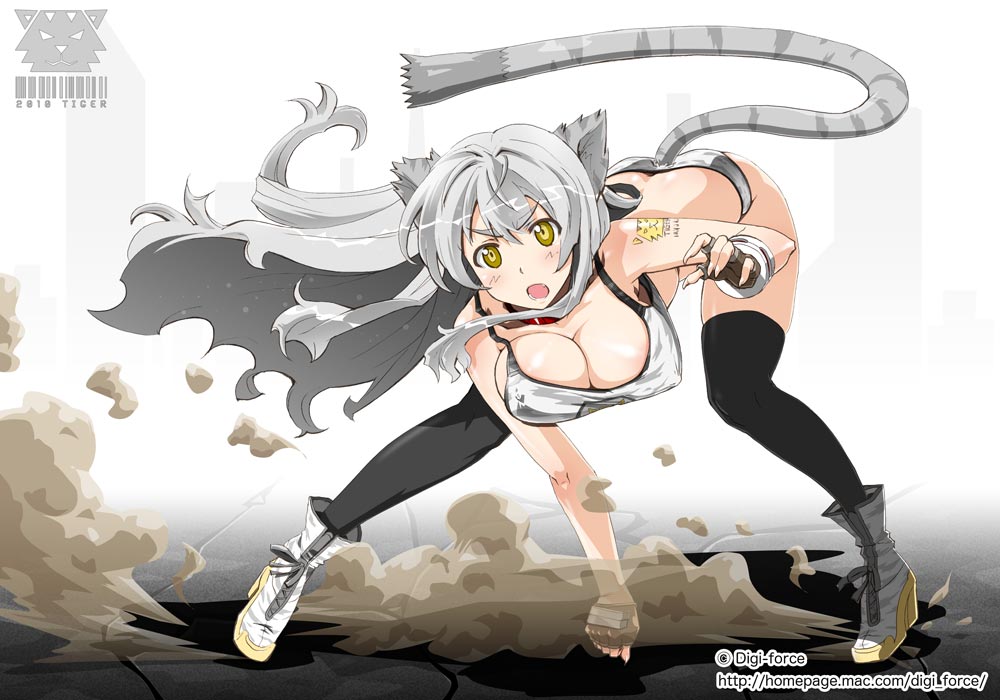 animal_ears bent_over bikini blush breasts cleavage collar dust fingerless_gloves gloves grey_hair kimura_shigetaka large_breasts legs long_hair original solo swimsuit tail thighhighs yellow_eyes