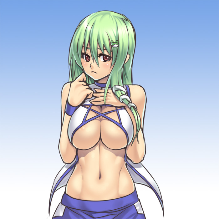 abs adapted_costume areola_slip areolae bare_shoulders blush breast_squeeze breast_suppress breasts brown_eyes cleavage frown green_hair hair_ornament houtengeki kochiya_sanae large_breasts long_hair looking_at_viewer midriff navel revealing_clothes solo toned touhou underboob upper_body