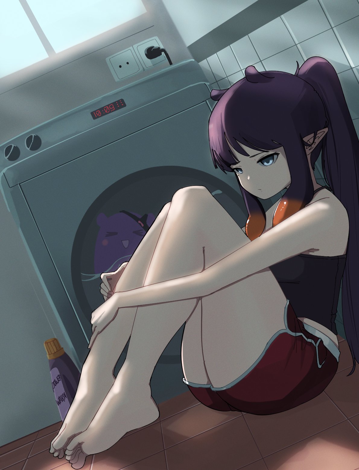1girl :t against_wall alternate_costume barefoot black_tank_top blue_eyes detergent electrical_outlet english_commentary feeq feet highres hololive hololive_english knees_to_chest legs long_hair multicolored_hair ninomae_ina'nis orange_hair pointy_ears ponytail purple_hair red_shorts shorts solo streaked_hair takodachi_(ninomae_ina'nis) tank_top tentacle_hair thighs tile_wall tiles toes washing_machine whale window