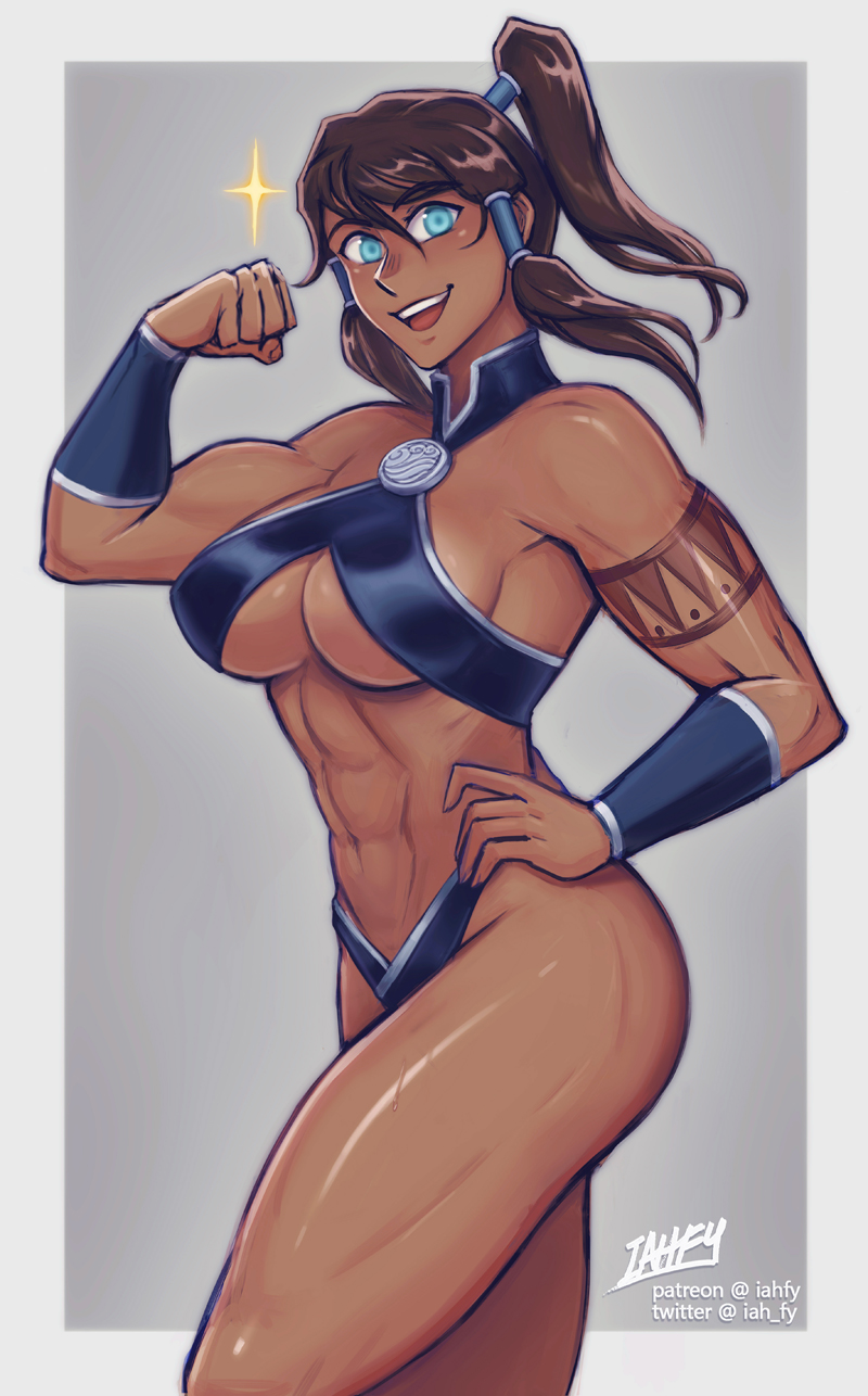 1girl :d abs aqua_eyes artist_name avatar_(series) bare_shoulders bikini breasts brown_hair clenched_hand commentary dark-skinned_female dark_skin english_commentary grey_background hair_tubes hand_on_hip highres iahfy korra large_breasts long_hair looking_at_viewer muscular muscular_female navel open_mouth ponytail simple_background smile solo sparkle swimsuit tattoo the_legend_of_korra thighs