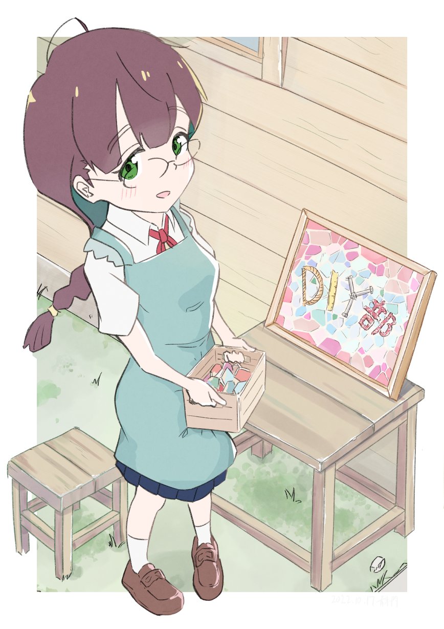 1girl apron blue_skirt bluearcadegames blush border braid braided_ponytail brown_footwear brown_hair collared_shirt colored_inner_hair do_it_yourself from_above glasses grass green_apron green_eyes green_hair highres hikage_takumi loafers looking_at_viewer multicolored_hair neck_ribbon outside_border picture_frame pleated_skirt red_ribbon ribbon school_uniform shirt shoes short_sleeves skirt smile socks solo standing stool table two-tone_hair white_border white_shirt white_socks window wooden_box wooden_stool wooden_wall