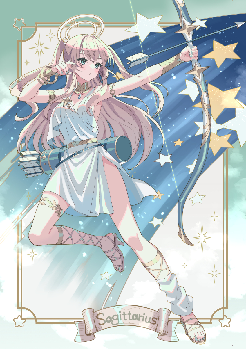 1girl aiming aqua_nails armband armlet arrow_(projectile) bangs blonde_hair blush bow_(weapon) breasts chiton cleavage crossed_bangs eyelashes feet fingernails full_body gladiator_sandals gold_belt gold_footwear greek_clothes green_eyes halo highres holding holding_bow_(weapon) holding_weapon jewelry legs long_hair medium_breasts nail_polish neck_ring original peplos polearm quiver sagittarius sandals side_slit solo sparkle star_(symbol) suzaku_(zaku6584) toenail_polish toenails toes twintails weapon zodiac