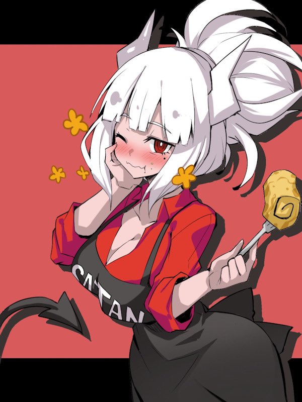 1girl blush breasts cake cleavage closed_mouth demon_girl demon_horns demon_tail edobox food fork helltaker holding holding_fork horns large_breasts looking_at_viewer lucifer_(helltaker) mole mole_under_eye one_eye_closed red_eyes short_hair solo swiss_roll tail white_hair