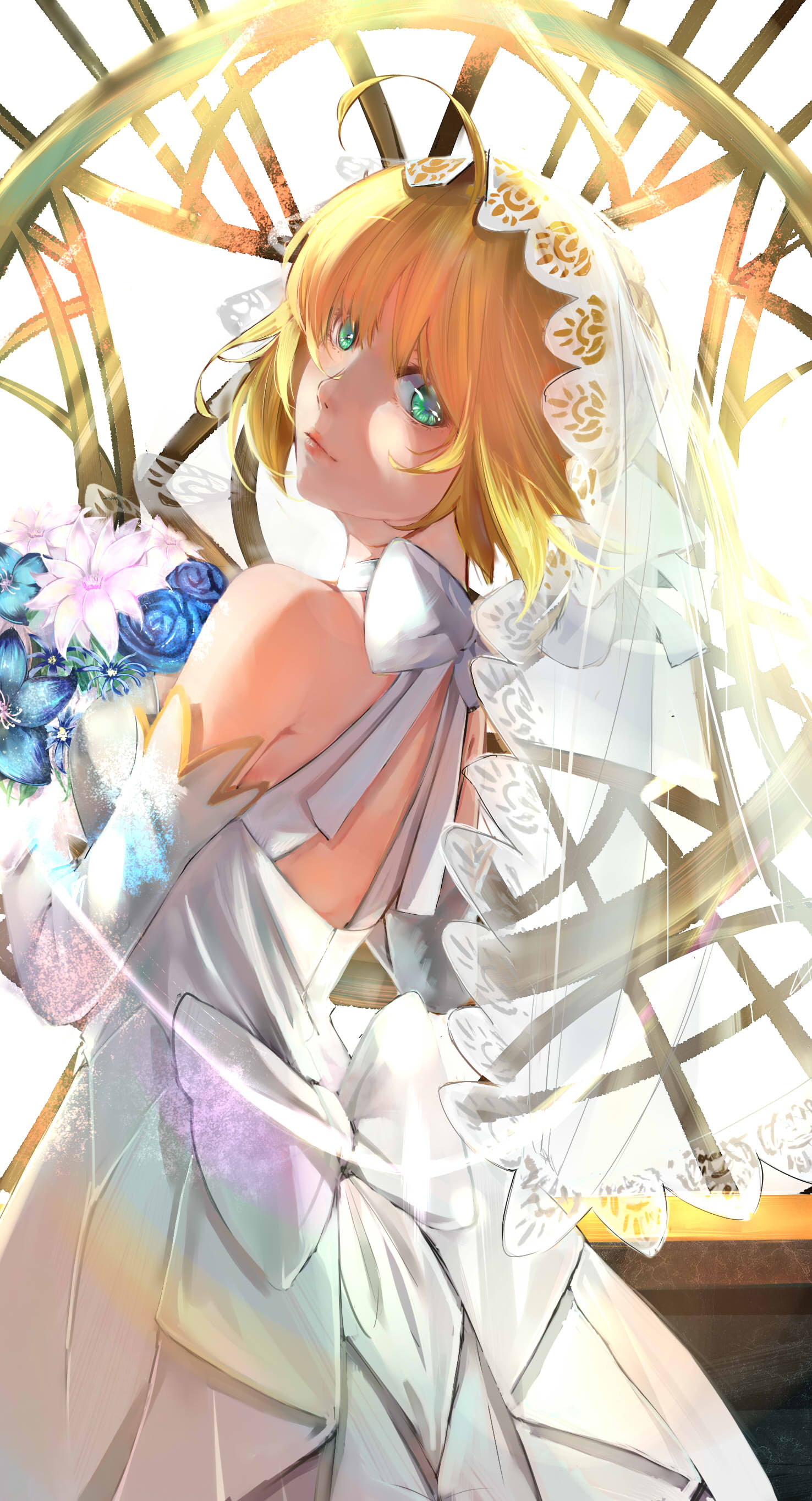 1girl absurdres artoria_pendragon_(fate) bangs blonde_hair bouquet dress eyebrows_hidden_by_hair fate/grand_order fate/stay_night fate_(series) flower green_eyes highres holding holding_bouquet holding_flower looking_at_viewer looking_back ribbon saber saitogiulio short_hair solo wedding_dress window