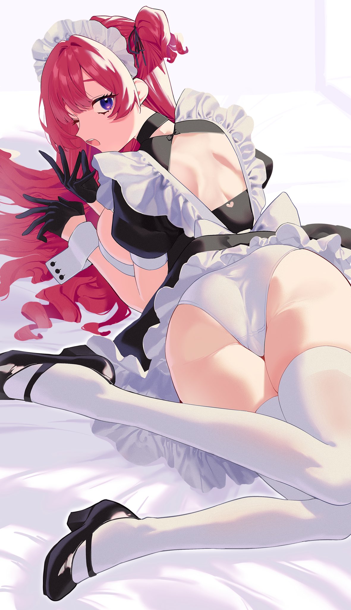 1girl 2l_(2lsize) apron ass back bangs bed_sheet black_footwear black_gloves breasts commentary_request gloves hair_ribbon highres long_hair looking_at_viewer looking_back lying maid_apron maid_headdress on_stomach one_eye_closed open_mouth original panties puffy_short_sleeves puffy_sleeves purple_eyes red_hair ribbon shoes short_sleeves solo thighhighs thighs underwear white_panties white_thighhighs