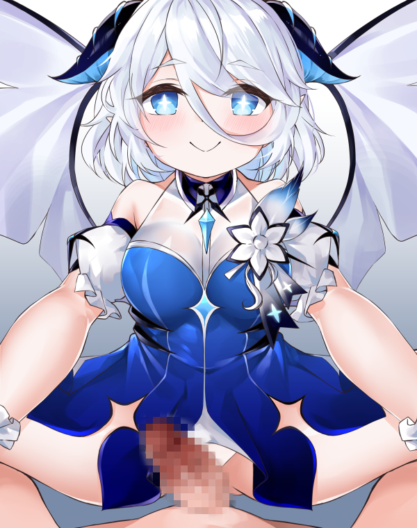 1boy 1girl blue_dress blue_eyes brooch censored closed_mouth detached_sleeves dress elsword emptiness_(elsword) gradient gradient_background grey_background hetero horns imminent_penetration jewelry looking_at_viewer luciela_r._sourcream mosaic_censoring no_panties penis short_hair simple_background smile squatting_cowgirl_position star-shaped_pupils star_(symbol) sula_(s_ra760) symbol-shaped_pupils white_background white_hair white_sleeves wings